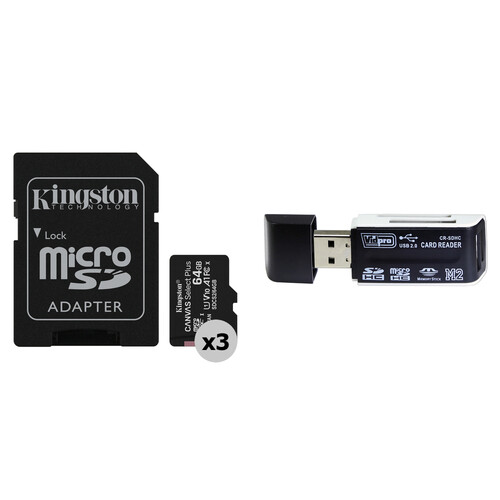 Kingston 64GB Canvas Select Plus UHS-I microSDXC Memory Card (3-Pack) with SD Adapter and Card Reader