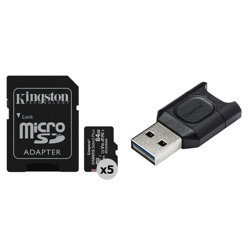 Kingston 64GB Canvas Select Plus UHS-I microSDXC Memory Card (5-Pack) with SD Adapter and Card Reader