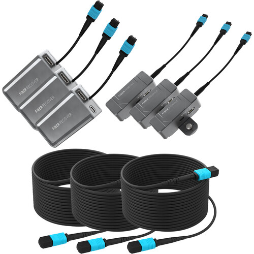 Kondor Blue Fletch Fiber Transmitter & Receiver Modules Kit for HDMI with Fiber Armored Cables OM3 MPO (100', Space Gray, 3-Pack)