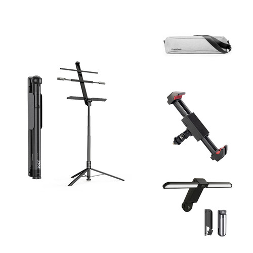 KraftGeek Concerto Combo Kit with Music Stand, Carrying Bag, Device Holder, and LumiLight (Black)