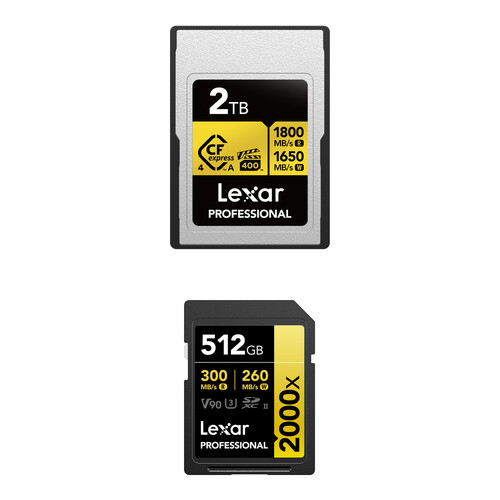 Lexar 2TB Professional GOLD CFexpress 4.0 Type A Memory Card with 512GB Professional 2000x UHS-II SDXC Memory Card