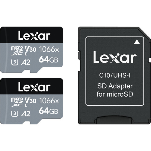 Lexar 64GB Professional 1066x UHS-I microSDXC Memory Card with SD Adapter (SILVER Series, 2-Pack)