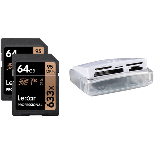 Lexar 64GB Professional 633x UHS-I SDXC Memory Card (2-Pack) with USB 3.0 Card Reader