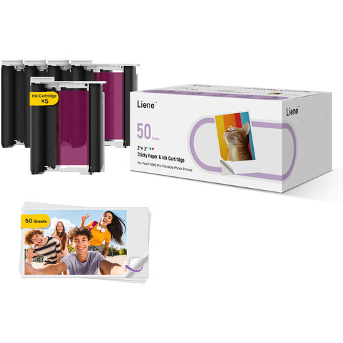 Liene Adhesive Photo Paper and 5 Ink Cartridge Pack for Pearl N200 Pro Printer (2 x 3", 50 Sheets)