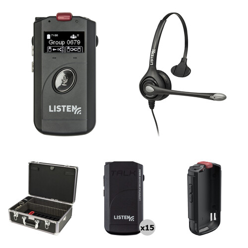 Listen Technologies ListenTALK Transceiver Kit with Headset, Docking Station, 15 x Receivers, and Case