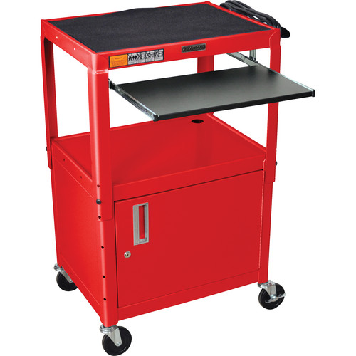 Luxor Adjustable Height Steel A/V Cart with Keyboard Shelf and Cabinet (Red)