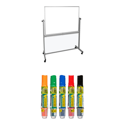 Luxor Mobile Magnetic Reversible 48 x 36" Whiteboard & Assorted PILOT V Marker Kit