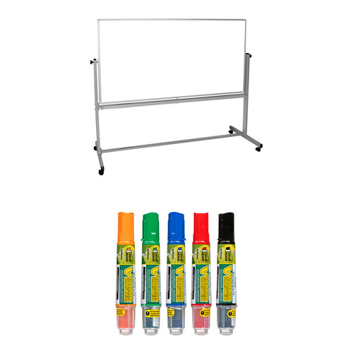 Luxor Mobile Magnetic Reversible 72 x 48" Whiteboard & Assorted PILOT V Marker Kit
