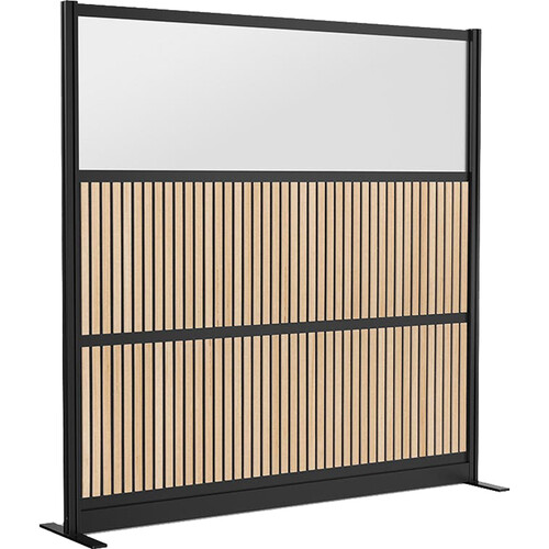 Luxor Grove Modular Wall with Wood Slats, Frosted White Panel, and Black Frame (70 x 70")