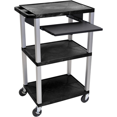 Luxor 42" A/V Cart with 3 Shelves, Pull-Out Keyboard Tray, and Electric Assembly (Black Shelves, Nickel Legs)