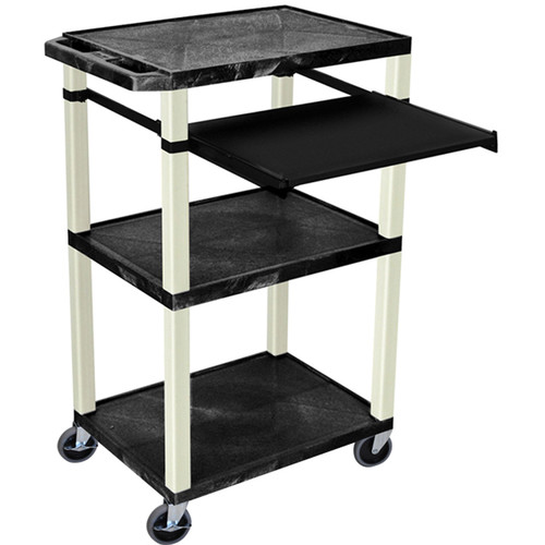 Luxor 42" A/V Cart with 3 Shelves, Pull-Out Keyboard Tray, and Electrical Assembly (Black Shelves, Putty Legs)