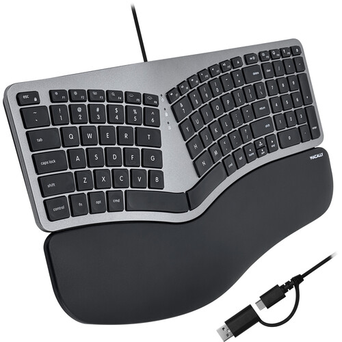 Macally Wired Split Ergonomic Backlit Keyboard with USB Hub (Space Gray)