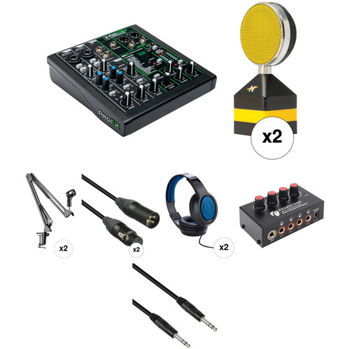 Mackie ProFX6v3 2-Person Podcasting Kit with Neat Microphones Worker Bee Mics, Stands & More