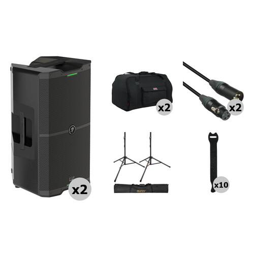 Mackie SRM212 V-Class 12" 2000W Powered Loudspeaker Kit with Two Speakers, Covers, Stands, and Cables (Pair)