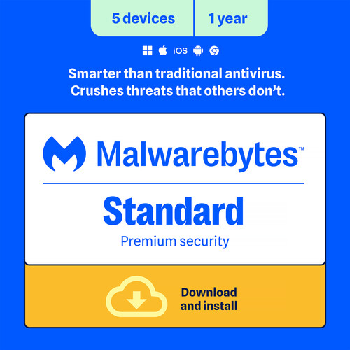 Malwarebytes Standard Premium Security Software (Download, 5-Device License, 1-Year)