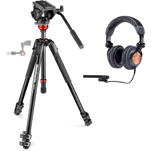 Manfrotto 500 Video Head Kit with 190X Tripod, Leveling Column & Ultrasone UL 17007 Headphones