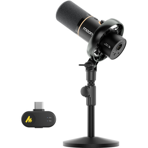 maono PD200WT Hybrid Wireless Podcast Microphone Kit with Desktop Stand and Base