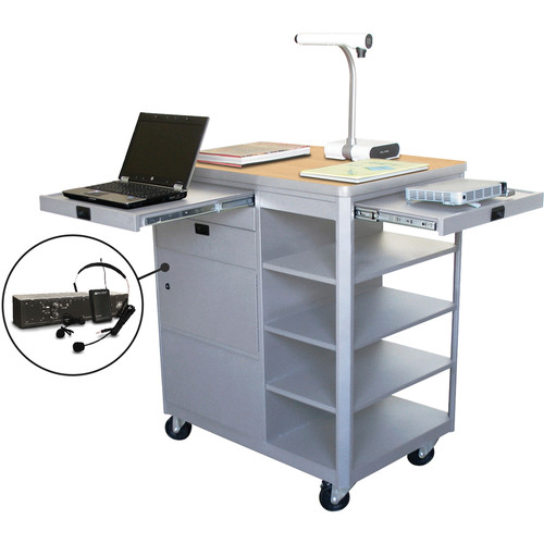 Marvel Vizion Presenter Multimedia Cart with 16-Channel Wireless Transmitter Bodypack and Headset Microphone (Kensington Maple Laminate)