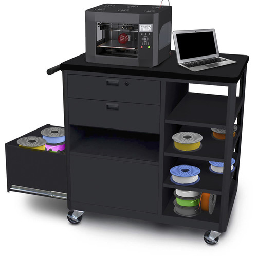 Marvel Mobile 3D Printer Cart with Two Front Locking Drawers and Four Side Shelves (Black Steel)