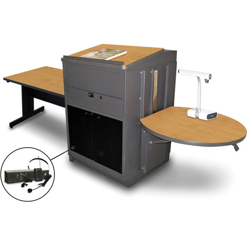 Marvel Vizion Rectangular Table with Media Center, Lectern, and AmpliVox Headset Microphone (48", Acrylic Doors, Oak Laminate)
