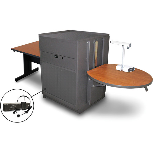 Marvel Vizion Rectangular Table with Media Center and AmpliVox Headset Microphone (36", Steel Doors, Cherry Laminate)