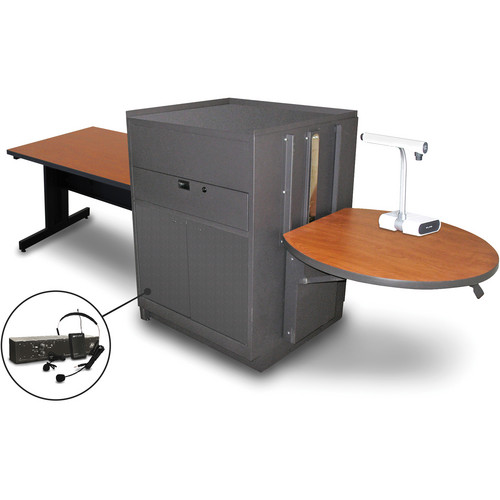 Marvel Vizion Rectangular Table with Media Center and AmpliVox Headset Microphone (48", Steel Doors, Cherry Laminate)