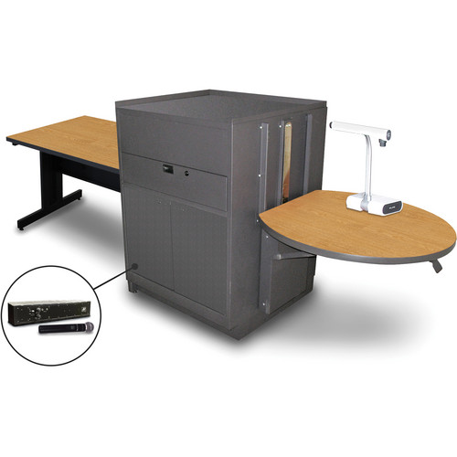 Marvel Vizion Rectangular Table with Media Center and AmpliVox Handheld Microphone (48", Steel Doors, Oak Laminate)