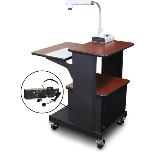 Marvel Vizion Benchmark Mobile Presentation Cart with Acrylic Door and AmpliVox Headset Microphone (Cherry Laminate)