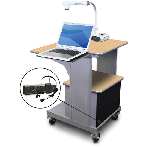 Marvel Vizion Benchmark Mobile Presentation Cart with Acrylic Door, Laptop Shelf, and AmpliVox Headset Microphone (Kensington Maple Laminate)