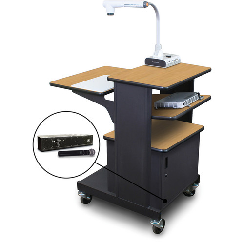 Marvel Vizion Benchmark Mobile Presentation Cart with Steel Door, Tilting Shelf, and AmpliVox Handheld Microphone (Oak Laminate)