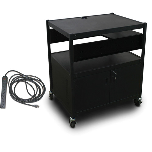 Marvel Spartan Series MVBFCE2432-01E Adjustable Media Projector Cart with Cabinet, 1 Pull-Out Side Shelf, & UL Listed 8-Outlet Electrical Unit (Black)