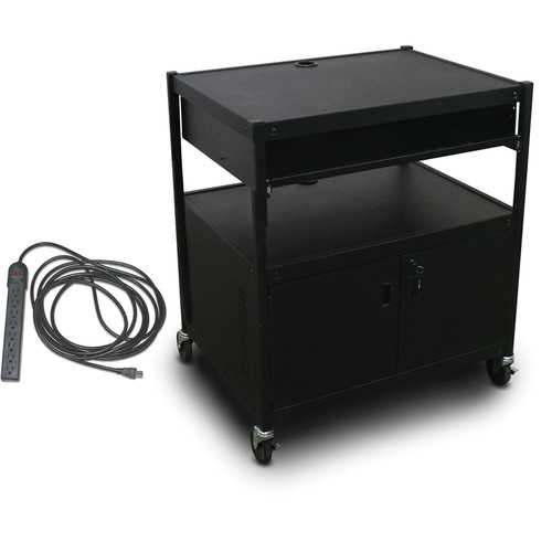 Marvel Spartan Series MVBFCE2432-10E Adjustable Media Projector Cart with Cabinet, 1 Pull-Out Front Shelf, & UL Listed 8-Outlet Electrical Unit (Black)