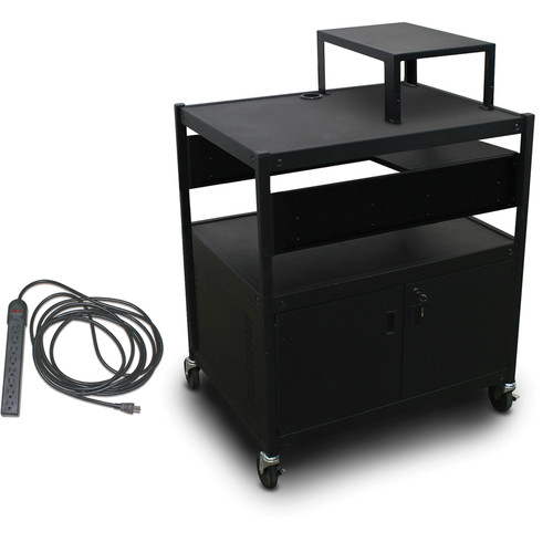 Marvel Spartan Series MVBFCS2432-01E Adjustable Media Projector Cart with Cabinet, 1 Pull-Out Side Shelf, & UL Listed 8-Outlet Electrical Unit (Black)