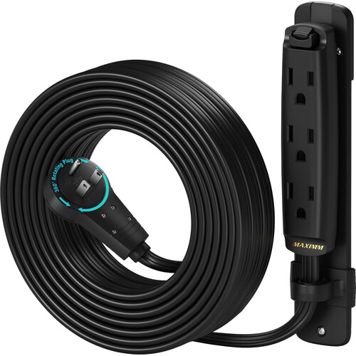 Maximm Cable 3-Outlet Power Extension Cord with 360° Rotating Flat Plug (Black, 25')