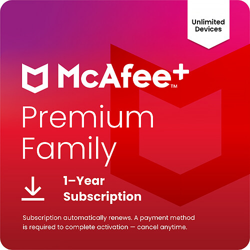 McAfee + Premium Family 2026 (Unlimited Devices, 1-Year Subscription, Download)