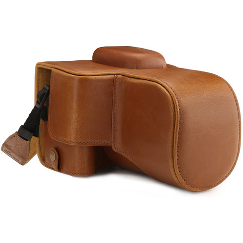MegaGear Ever Ready PU Leather Case with Strap for Canon EOS Rebel T7, 2000D with 18-55mm (Light Brown)