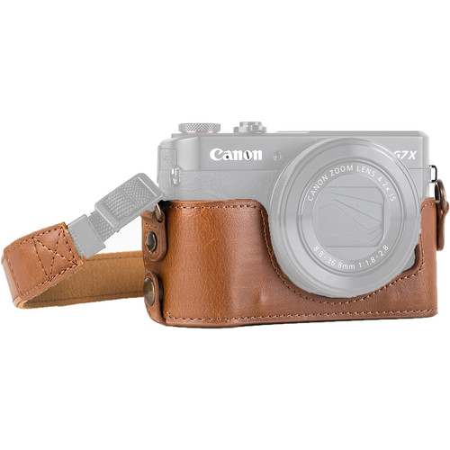 MegaGear Genuine Leather Camera Half Case and Strap for Canon PowerShot G7 X Mark II (Light Brown)