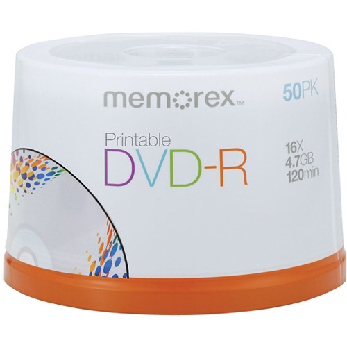 Memorex 4.7GB DVD-R 16x Inkjet Printable Discs (Spindle, 50-Pack)