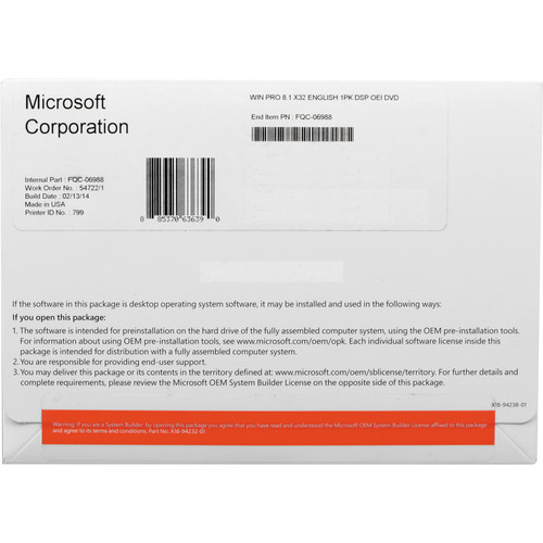 Microsoft Windows 8.1 Pro OEM System Builder DVD (32-bit)