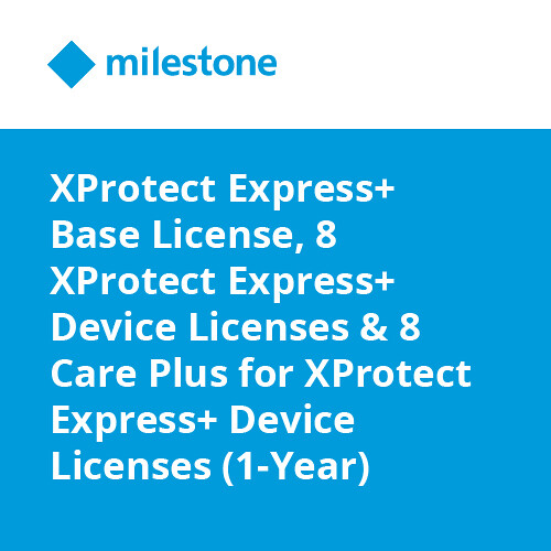 Milestone XProtect Express+ Base License, 8 XProtect Express+ Device Licenses & 8 Care Plus for XProtect Express+ Device Licenses (1-Year)