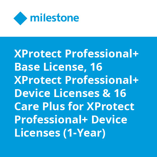 Milestone XProtect Professional+ Base License, 16 XProtect Professional+ Device Licenses & 16 Care Plus for XProtect Professional+ Device Licenses (1-Year)