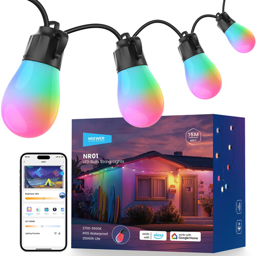 Neewer Smart Outdoor LED String Lights (50', RGB, Warm White, IP65)