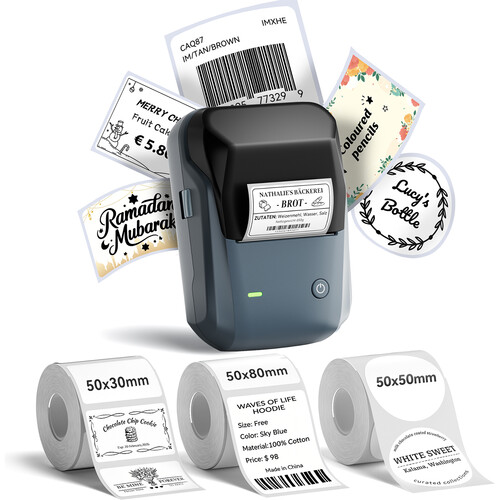 NIIMBOT B1 2" Portable Thermal Label Printer with Three Label Rolls (Lake Blue)