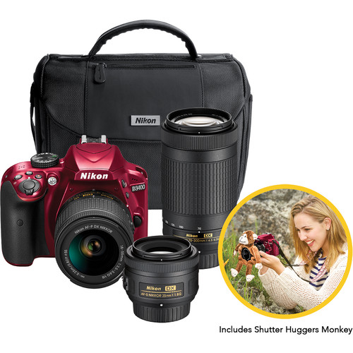 Nikon D3400 DSLR Triple Lens Parent's Camera Kit (Red)