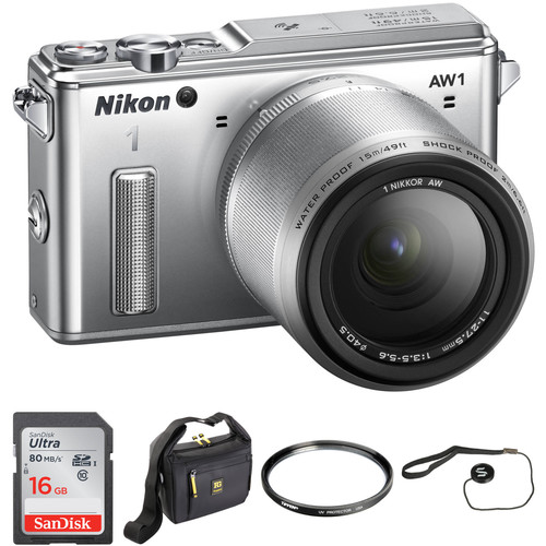 Nikon 1 AW1 Mirrorless Digital Camera Basic Accessory Kit with 11-27.5mm Lens (Silver)
