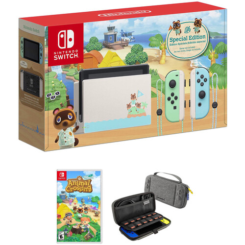 Nintendo Switch Animal Crossing: New Horizons Edition Kit with Animal Crossing: New Horizons Game and Spieltek Gray Case with Blue/Yellow Accents