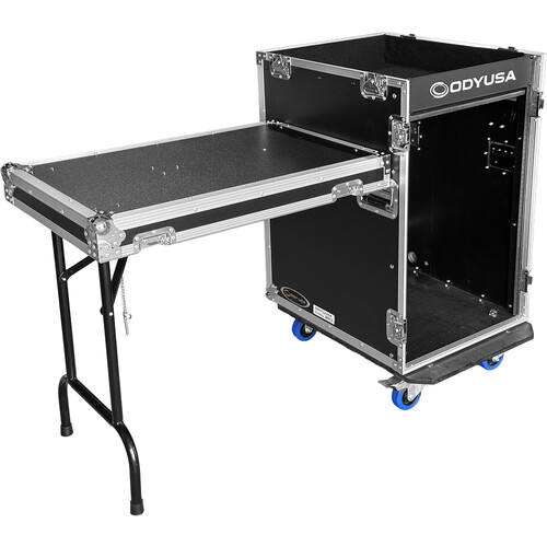 Odyssey 16 RU Vertical Pro Combo Rack with Side Table and Casters (Flat Top Surface & Tall Lid)