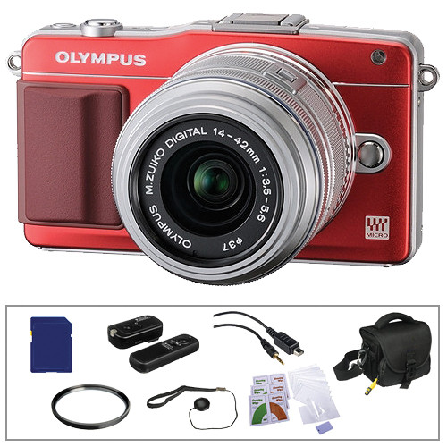 Olympus E-PM2 Mirrorless Micro Four Thirds Digital Camera Essential Kit with 14-42mm f/3.5-5.6 II Lens (Red with Silver Lens)