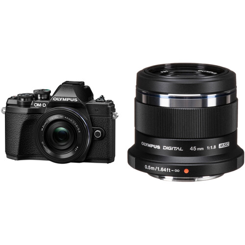 Olympus OM-D E-M10 Mark III Mirrorless Digital Camera with 14-42mm EZ and 45mm f/1.8 Lenses Kit (Black)