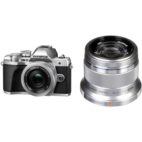 Olympus OM-D E-M10 Mark III Mirrorless Digital Camera with 14-42mm EZ and 45mm f/1.8 Lenses Kit (Silver)
